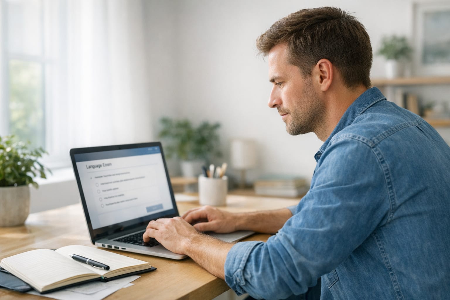 Iemand maakt op een computer een oefenexamen Nederlands op niveau A2