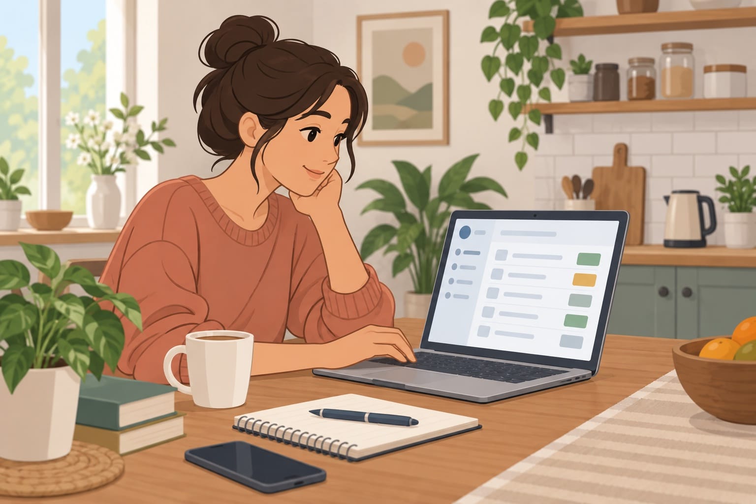 Iemand bekijkt aan de keukentafel op een laptop het eigen inburgeringsdossier