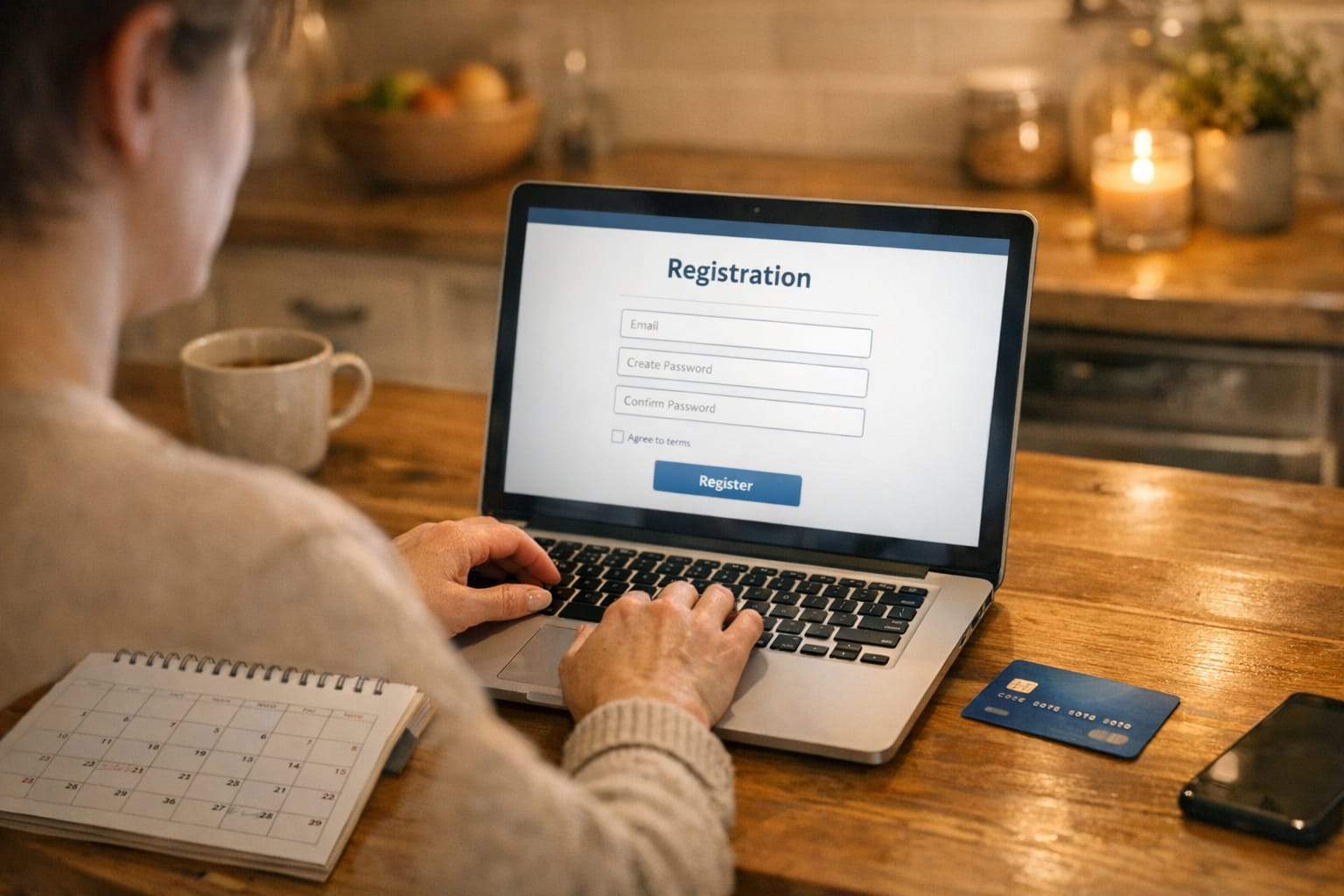 Iemand meldt zich aan de keukentafel online aan voor het inburgeringsexamen