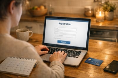Iemand meldt zich aan de keukentafel online aan voor het inburgeringsexamen