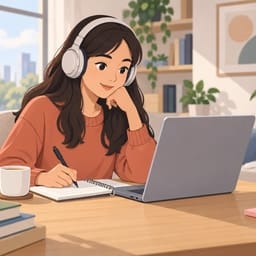 Iemand oefent met een koptelefoon een luisteroefening Nederlands achter een laptop