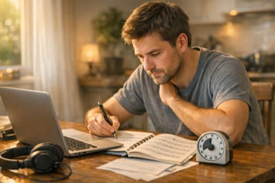 Iemand oefent thuis achter een laptop met een oefenexamen Nederlands