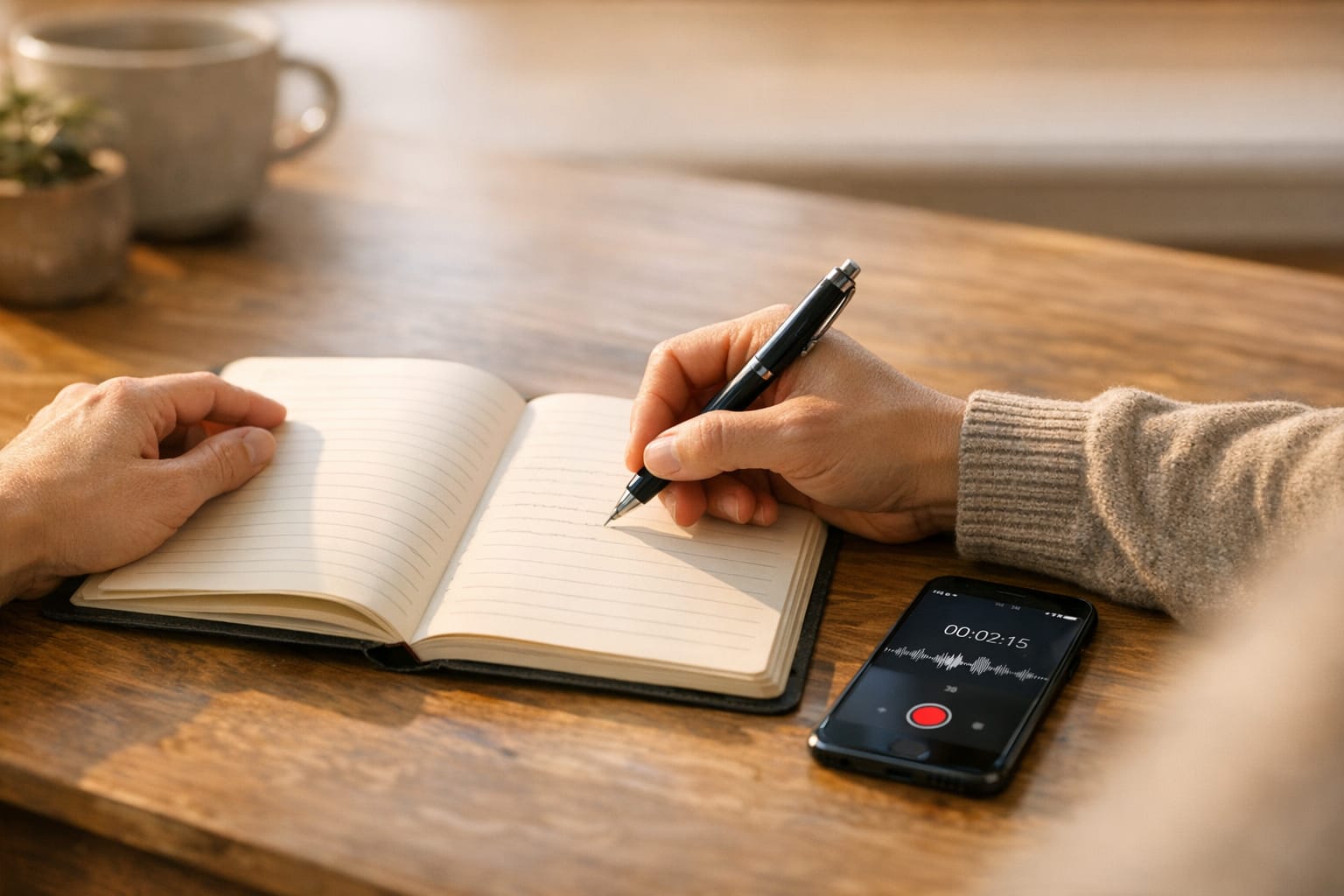 Iemand schrijft aan een tafel en oefent hardop spreken