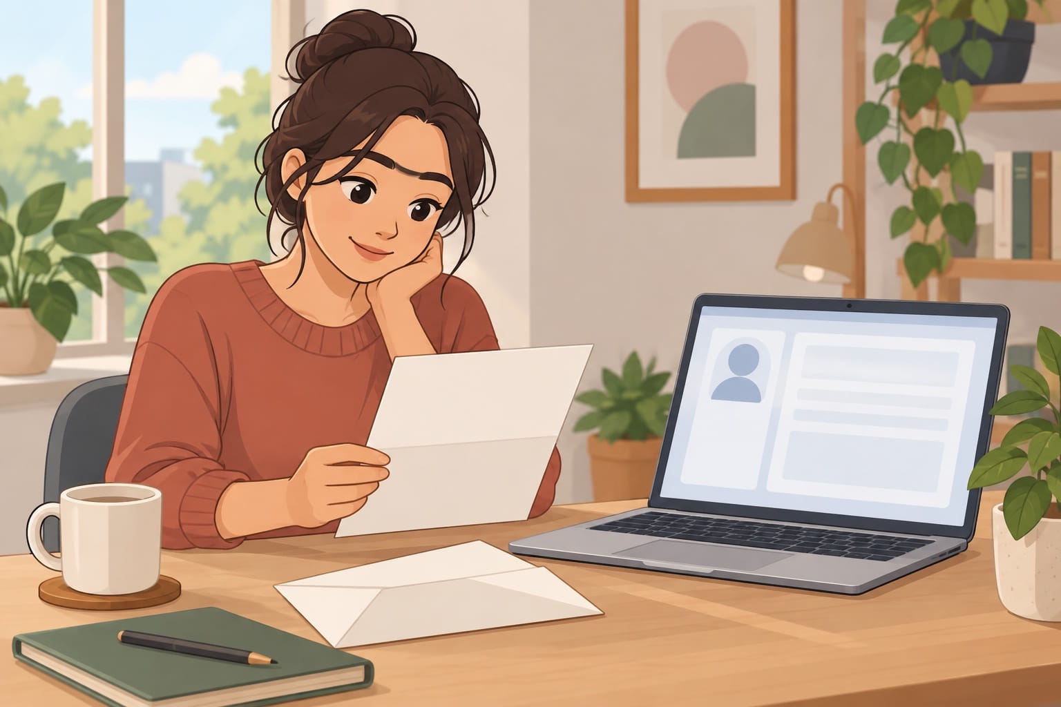 Een geopende brief op tafel naast een laptop waarop een persoonlijk examendossier te zien is