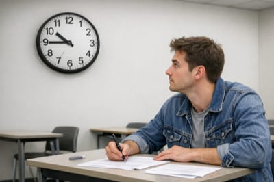 Iemand kijkt aandachtig naar de klok tijdens het maken van een examen